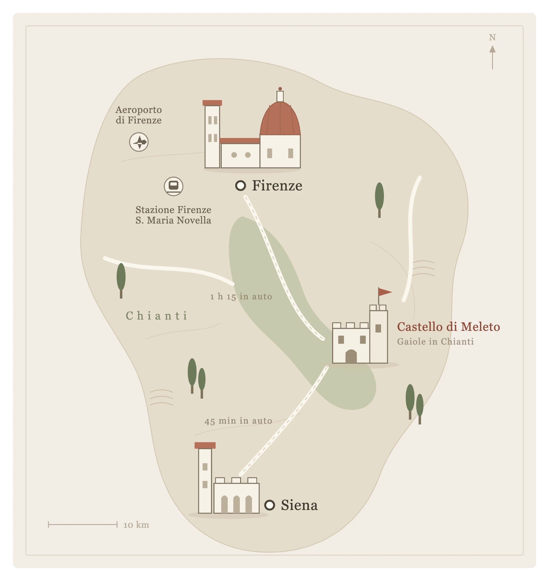 Mappa illustrata del Chianti con Firenze, Siena e il Castello di Meleto